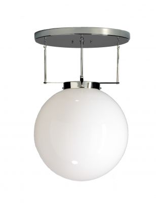 DMB 26 Deckenleuchte von Tecnolumen: Runde, weiße Bauhaus Lampe mit Chrom-Elementen, 30 cm Durchmesser.